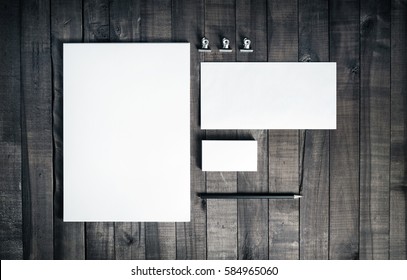 Photo Of Blank Stationery Set On Wood Background. Blank Stationery And Corporate Identity Template. Blank Letterhead, Business Cards, Envelope And Pencil. Responsive Design Mockup. Top View.