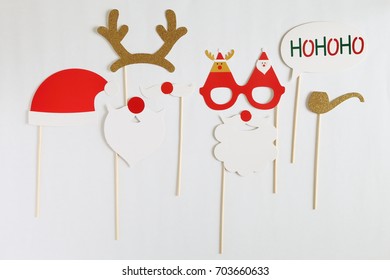 Photo Booth Colorful Props For Christmas Party - Mustache, Santa Claus, Pipe, Hat On White Background