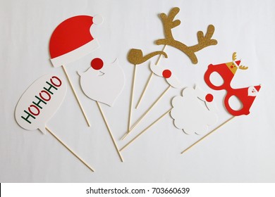 Photo Booth Colorful Props For Christmas Party - Mustache, Santa Claus, Pipe, Hat On White Background