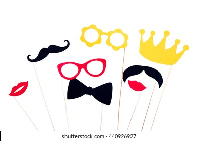 Photo booth props glasses, mustache, crown, lips isolated on white background. Birthday and Party Set and wedding. - Powered by Shutterstock