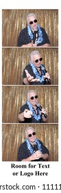 Photo Booth Strips. A Man Poses And Smiles As He Has His Picture Taken In A Photo Booth And Printed On Strips. Room For Text. 