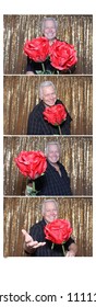 Photo Booth Strips. A Man Poses And Smiles As He Has His Picture Taken In A Photo Booth And Printed On Strips. Room For Text. 