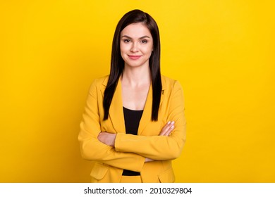 Photo Of Bossy Young Hr Lady Crossed Arms Wear Yellow Blazer Isolated On Vivid Color Background