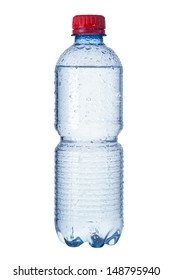 Photo of a bottle of mineral water.  Water droplets are visible and clipping path is included.