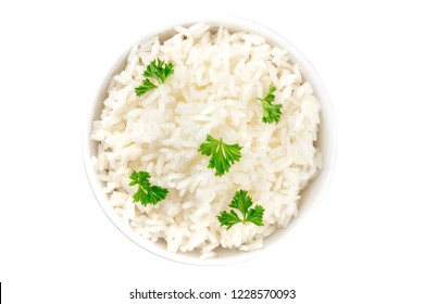 A Photo Of A Bowl Of Cooked White Long Rice, Isolated On A White Background With A Clopping Path