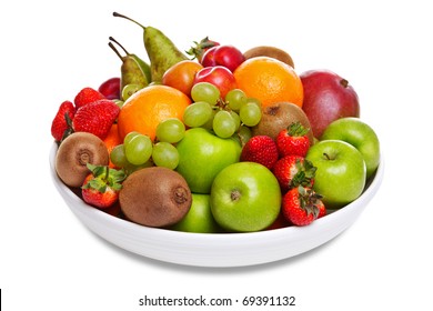 Photo Of A Bowl Of Fresh Fruit Isolated On A White Background.