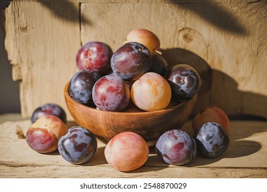 A photo of a bowl of fresh, juicy plums.