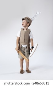 Photo Of The Boy In Medieval Knight Costume Made Of Cardboards