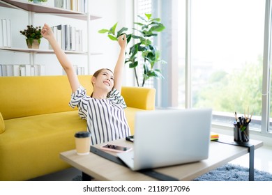 A Photo Of A Bright Asian Business Woman Working At Home In The Room. The Idea Is Work Form Home Finance Marketing Bright Portrait Simple