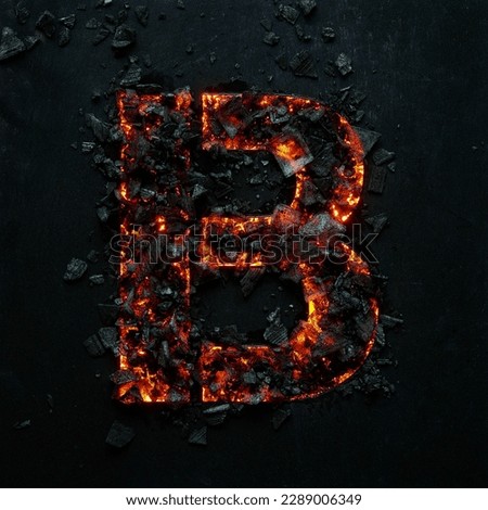 A photo of a burning capital letter B on a black background is made of hot coals.