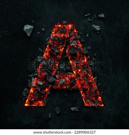 A photo of a burning capital letter A on a black background is made of hot coals.