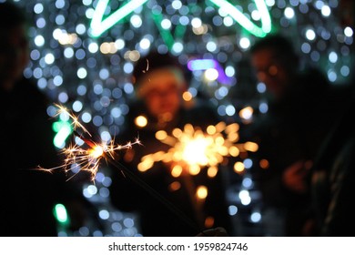 Photo Of Burning Sparklers. New Year Celebration