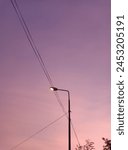 A photo of a burning streetlight at dusk, captured just after sunset, with visible wiring.