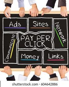 Photo of business hands holding blackboard and writing PAY PER CLICK concept