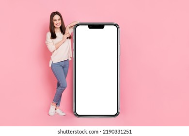 Photo Of Business Lady Lean Large Big Smart Phone Telephone Touchscreen New Model Device Blank Space Isolated Pink Color Background