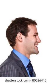 Photo Of A Businessman With A Happy Expression On His Face, Side Headshot Isolated On A White Background. Part Of A Series.