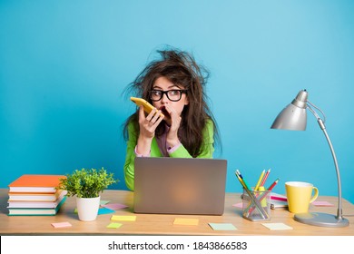 Photo Of Busy Brown Messy Hair Girl Sit Table Use Smart Call Speaker Phone Whisper Isolated Blue Color Background