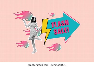 Photo cadre composite collage of funky young woman dancing flash sale arrow thunder flying fireball isolated on plaid pink background - Powered by Shutterstock