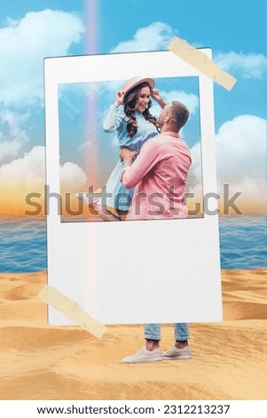 Photo cadre image snapshot 3d collage of happy cute family two married people walk sand seaside celebrate honeymoon abroad on island