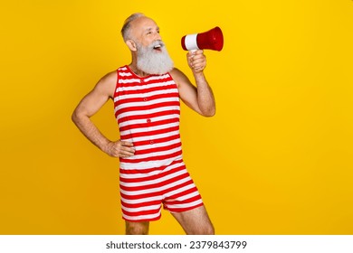 Photo of calling attention old man announce bullhorn loudspeaker information empty space summer party isolated on yellow color background - Powered by Shutterstock