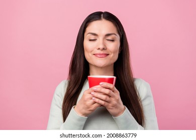 Photo Of Calm Dreamy Young Woman Hold Hands Smell Coffee Cup Good Mood Isolated On Pink Color Background