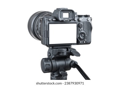 Photo camera. Digital or Dslr camera on tripod. Photographer or videographer studio for recording film project. Professional blogger, television equipment. Camera, display, lens. Isolated background - Powered by Shutterstock