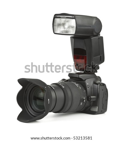 Photo camera and flash isolated on white background