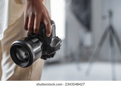 Photo Camera. professional DSLR photo camera body with lens. photography concept. photography camera. photography equipment. Professional photographer accessories background. copy space.