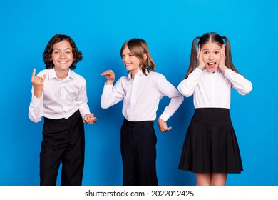 Photo Of Carefree Funny Crazy Kids Enjoy 1-september Wear School Uniform Isolated Blue Color Background