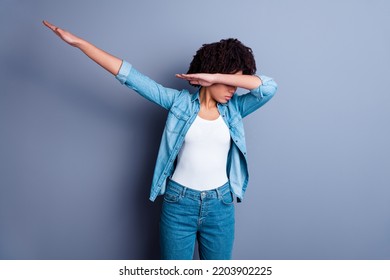 Photo Of Carefree Young Girl Arms Dabbing Cover Eyes Face Isolated On Grey Color Background