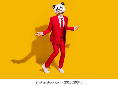 Photo of careless disco panda guy dance have fun wear mask red suit tie sneakers isolated on yellow color background