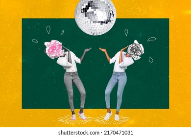 Photo Cartoon Comics Sketch Collage Of Two Girls Paper Balls Instead Of Head Dancing School Party Isolated Green Yellow Color Background