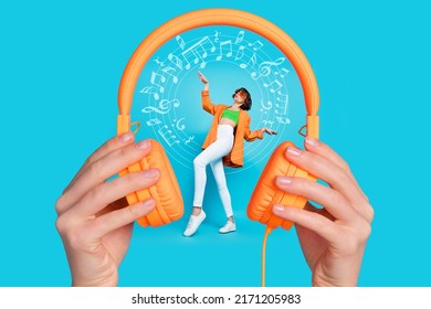 Photo cartoon comics sketch collage of girl dancing inside huge arms holding headphones isolated blue color background
