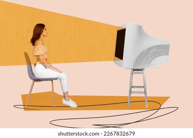Photo cartoon comics sketch collage picture of addicted lady watching vintage tv isolated drawing background