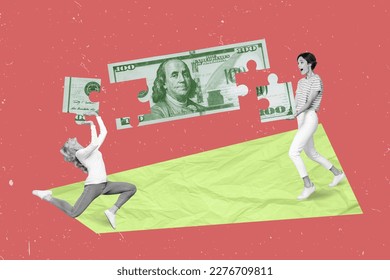 Photo cartoon comics sketch collage picture of excited ladies collecting money puzzle isolated drawing background
