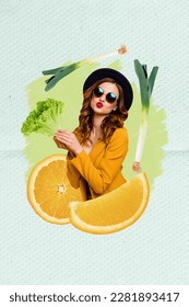 Photo cartoon comics sketch collage picture flirty lady sending kiss enjoying fresh fruits isolated drawing background