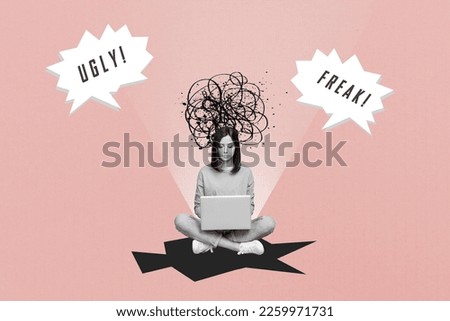 Photo cartoon comics sketch collage picture of stressed depressed lady getting bullying messages isolated drawing background