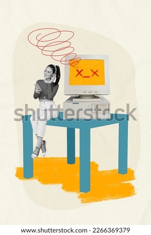 Photo cartoon comics sketch collage picture of happy smiling lady listening songs vintage computer broken isolated drawing background