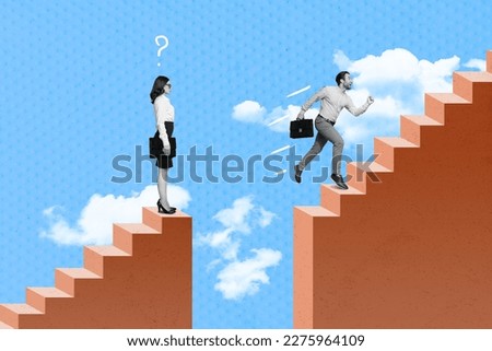 Photo cartoon comics sketch collage picture of purposeful guy achieving success lady waiting isolated drawing background