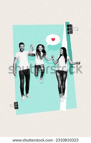 Photo cartoon comics sketch collage picture of charming smiling little girl mom dad walking together isolated creative background