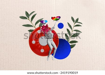 Photo cartoon comics sketch collage picture of flower head lady catching butterflies isolated beige color background
