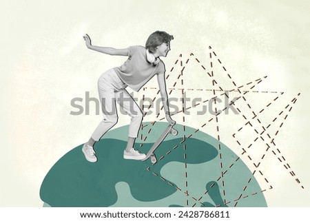 Photo cartoon comics sketch collage picture of happy smiling lady riding world long board isolated graphical background