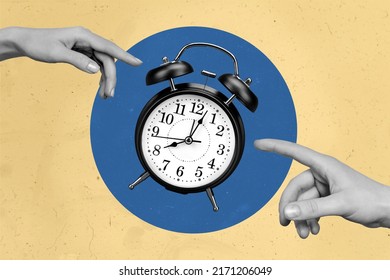 Photo cartoon comics sketch picture of arm palm classic vintage clock isolated blue beige painted background