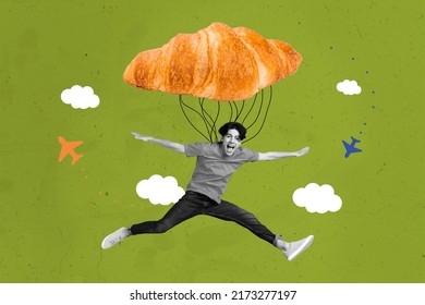Photo cartoon comics sketch picture of funny funky guy flying huge big croissant isolated painting green background