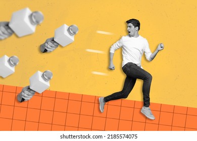 Photo Cartoon Comics Sketch Picture Of Hurrying Guy Running Away From Journalists Crowd Isolated Orange Drawing Background