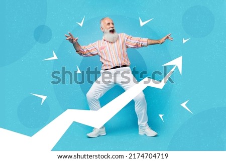 Photo cartoon comics sketch picture of cheerful good mood senior guy dancing achieving goals isolated blue painted background