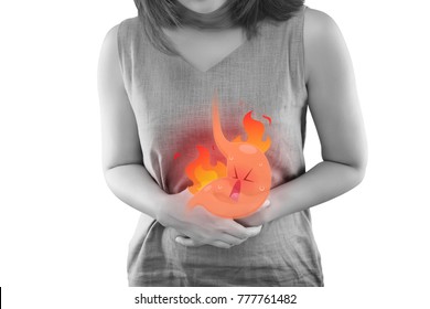 The Photo Of Cartoon Stomach On Woman's Body Against White Background, Acid Reflux Disease Symptoms Or Heartburn, Concept With Healthcare And Medicine - Shutterstock ID 777761482