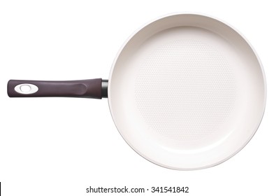 Photo Of Ceramic Frying Pan Isolated On White Background. Studio Shot