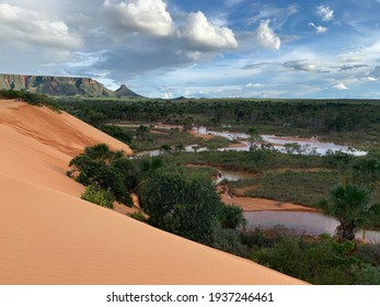 Photo Of The Cerrado Forest Located In Jalapão With A Rocky Plateau Seen On The Horizon, Brazil.