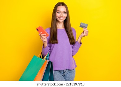 Photo Of Charming Client Customer Show Bank Card Purchase Satisfied Nfc Payment Functions Isolated On Yellow Color Background